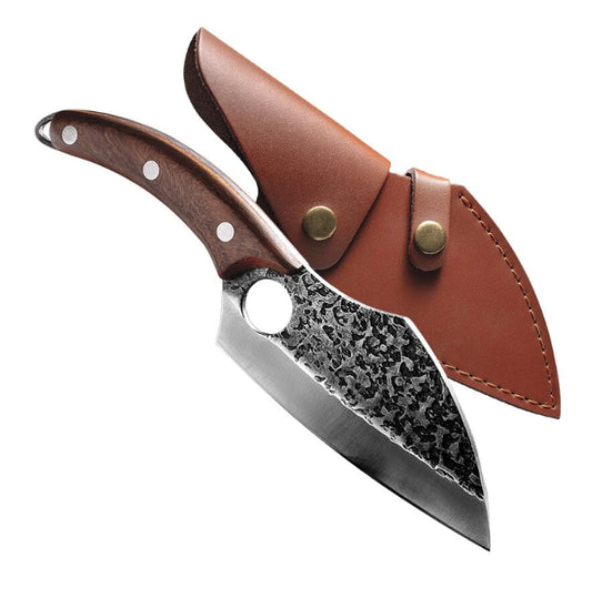 Cutit-Satar Japonez, Forjat Manual, Otel Inoxidabil, 27 cm,Maner Lemn Maro, Husa Piele Ecologica