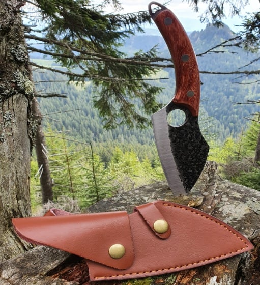 Cutit-Satar Japonez, Forjat Manual, Otel Inoxidabil, 27 cm,Maner Lemn Maro, Husa Piele Ecologica